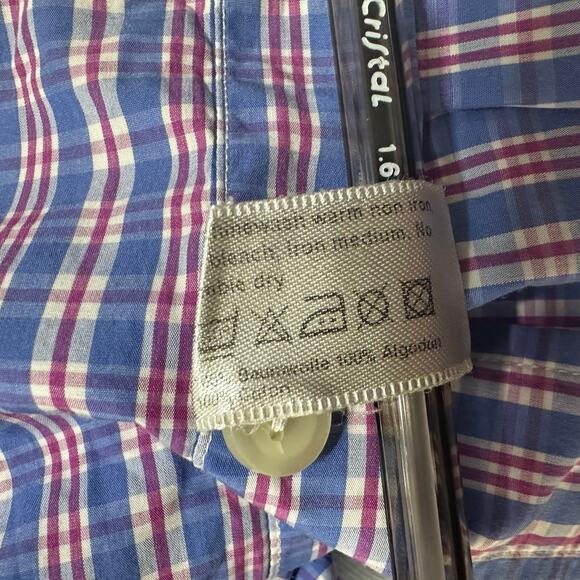 ETON Mens Button Down Shirt Plaid Check Slim Large 42 Pocket 100% Cotton Blue - Picture 8 of 8